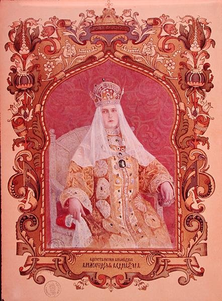 Portrait of Tsarina Alexandra Feodorovna in traditional coronation dress by Russian School