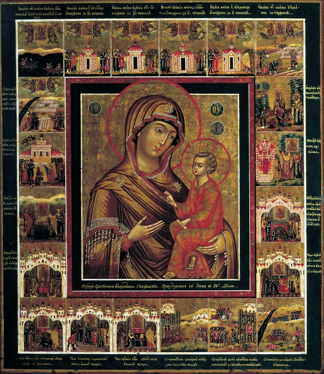 The Virgin of Tikhvin with Border Scenes by Russian icon.