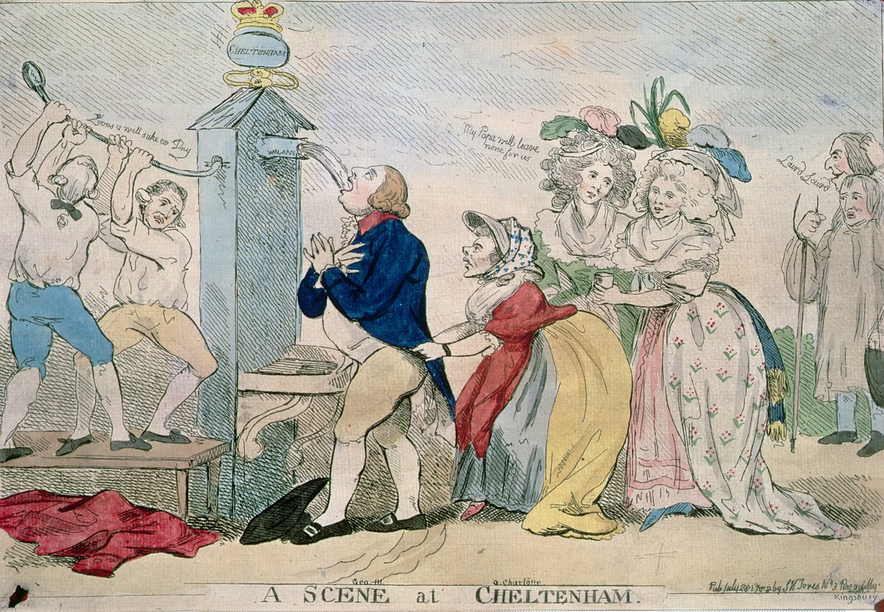A Scene at Cheltenham. Satirical Cartoon, pub. 1788 by S.W. Fores