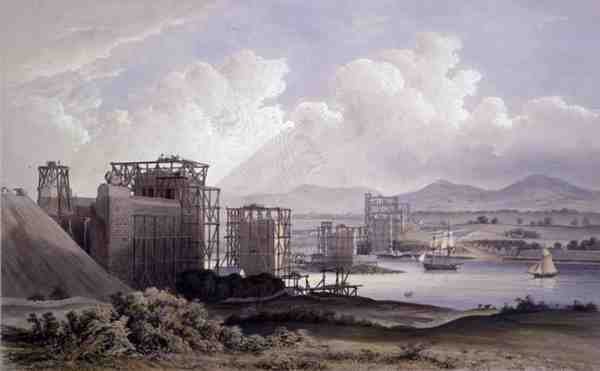 Britannia Tubular Bridge over the Menai Straits, taken during construction in 1848, lithograph by Day and Son by S. (after) Russell