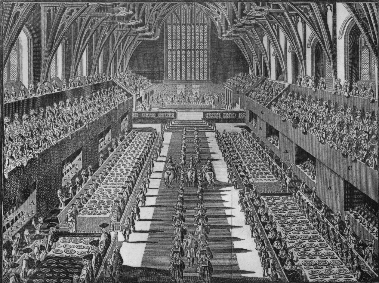 The interior of Westminster Hall at the coronation banquet of King George II, 1727 1911 by S Moore