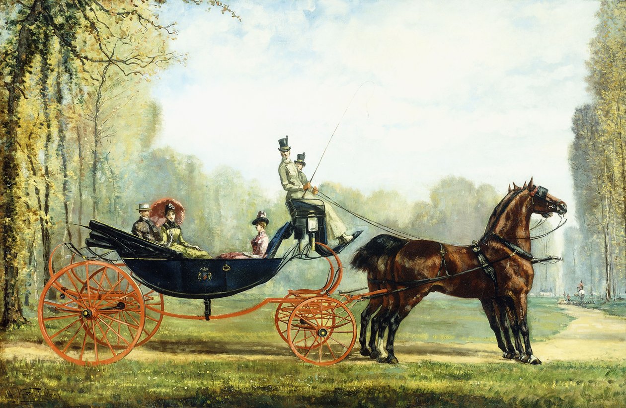 A Horse-Drawn Carriage in a Park with a Hunt Beyond by S. Normand