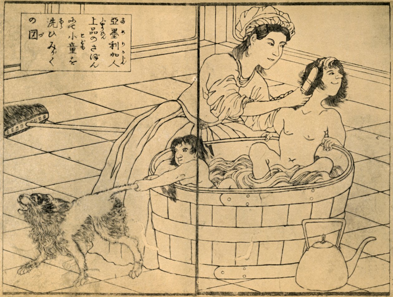 American Woman Bathing her Children, 1862-1865, 1924 by Sadahide Utagawa