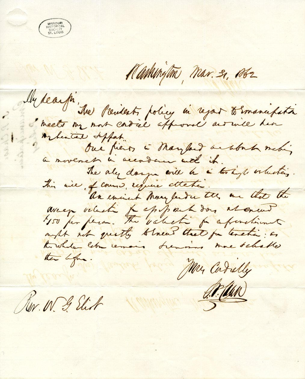 Letter signed S.P. Chase, Washington, to W.G. Eliot, March 31, 1862 by Salmon P. Chase