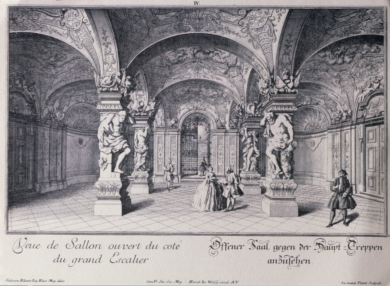 The Hall (Sala Terrena) of the Upper Belvedere in Vienna begun in 1721 by Johann Lukas von Hildebrandt, engraved by Thelot by Salomon after Kleiner