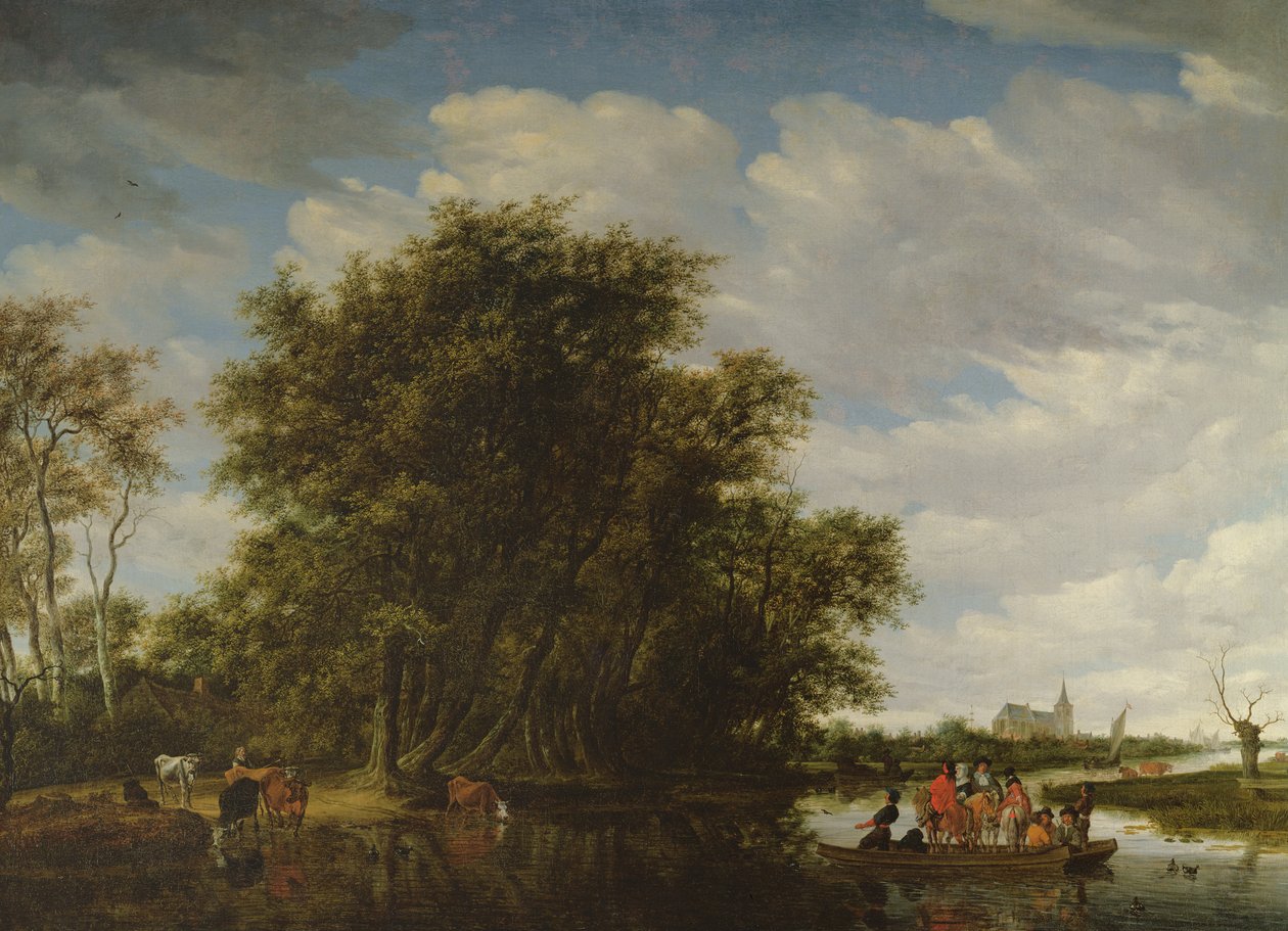 A River Landscape with Figures in a Ferry Boat by Salomon van Ruisdael or Ruysdael