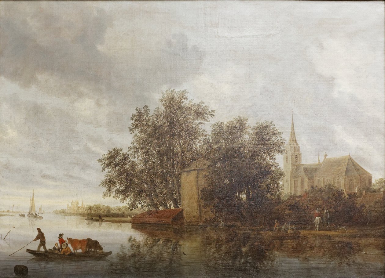 Riverbank with a Church by Salomon van Ruisdael or Ruysdael