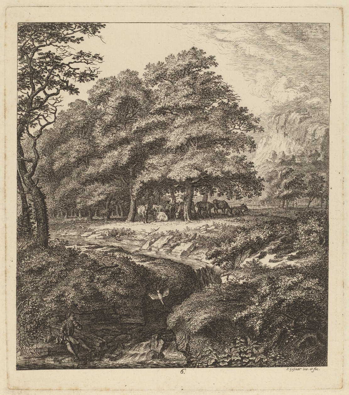Cattle Resting in a Grove with a Man Seated beside a Brook by Salomon Gessner