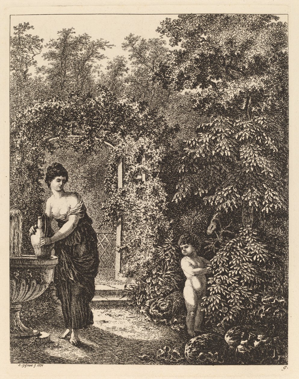 Putto Visiting a Girl at a Fountain, 1771 by Salomon Gessner