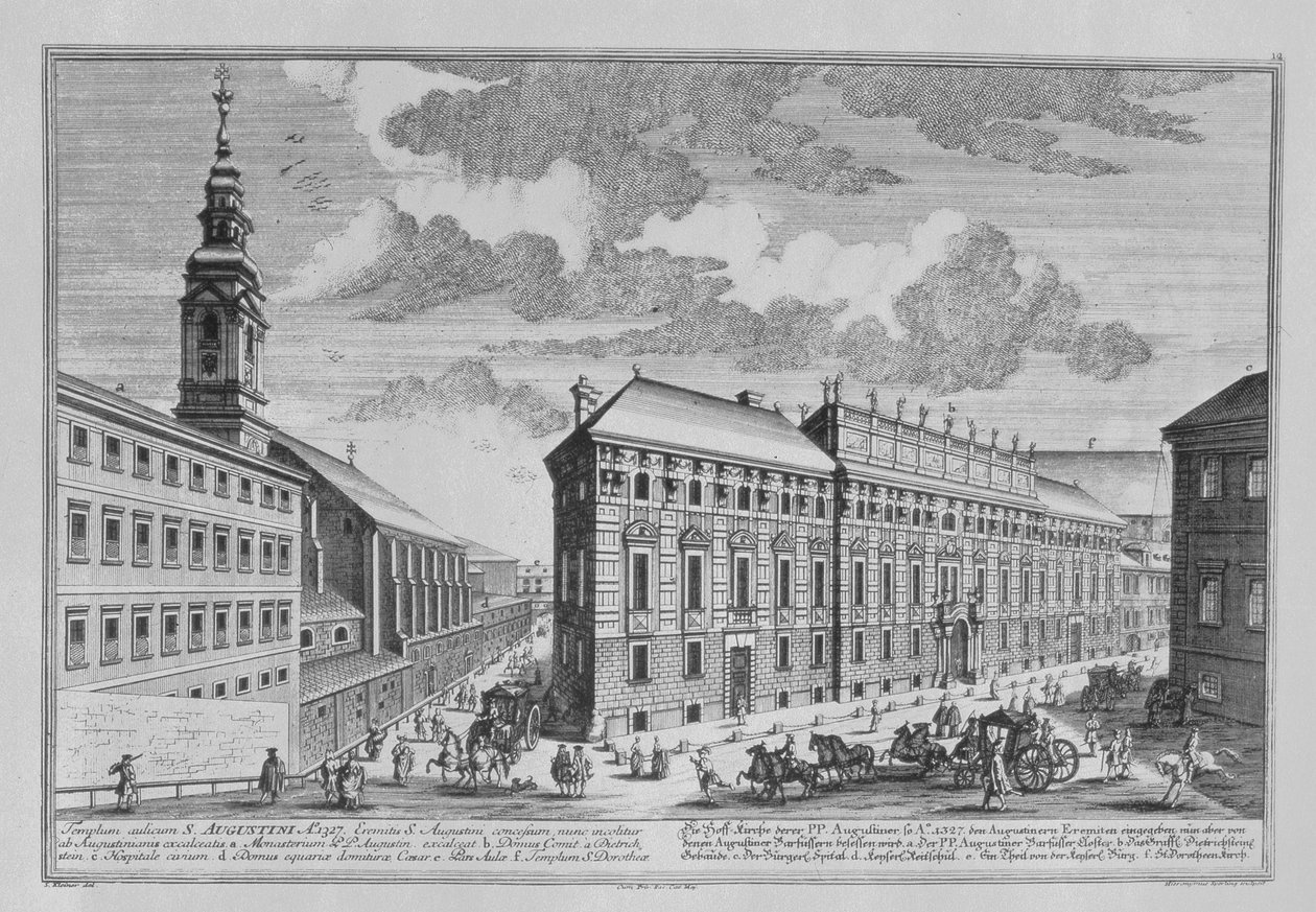 View of the Dorotheergasse showing the Stallburg and the monastery church of the Dorotheum engraved by Hieronymous Sperling by Salomon Kleiner