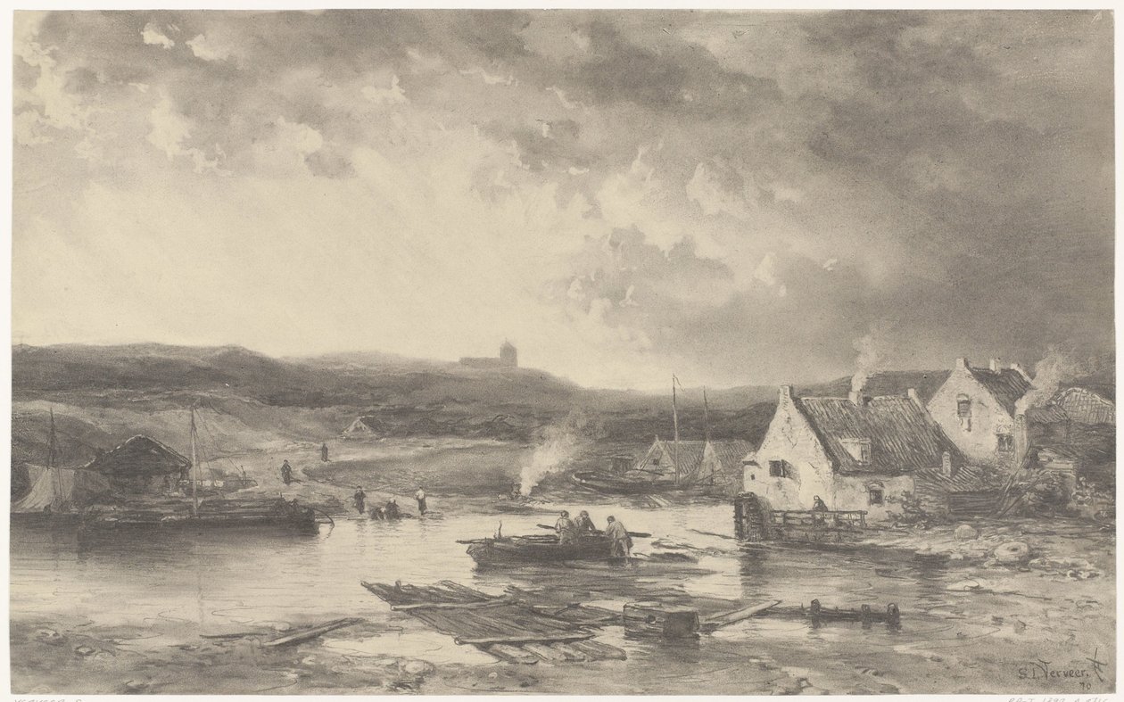 River Landscape with Some Houses and a Watermill by Salomon Leonardus Verveer