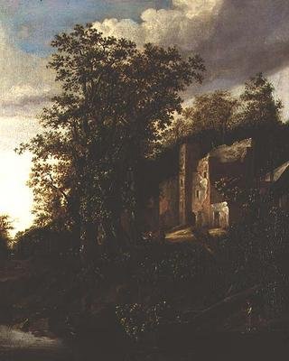A wooded river landscape with peasants by a ruined manor house by Salomon Rombouts