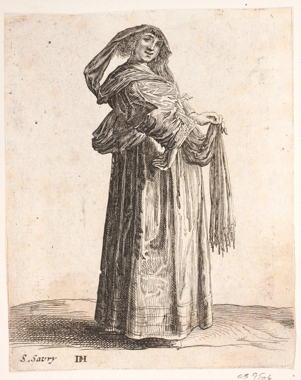 Woman Standing in Right Profile, Head Turned to Front, Wearing Scarf in Hair by Salomon Savery