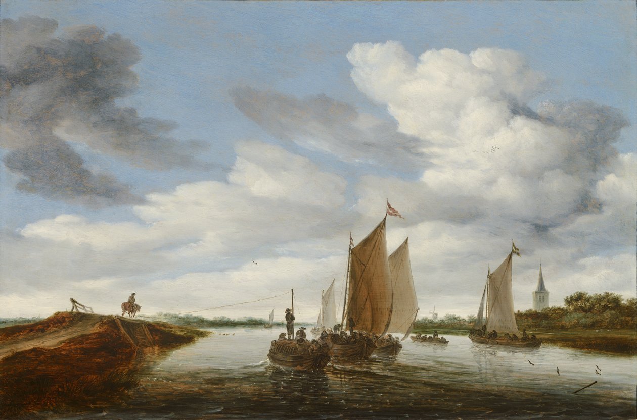 River Landscape with Sailing Boats and a Horse-Drawn Barge by Salomon van Ruisdael or Ruysdael