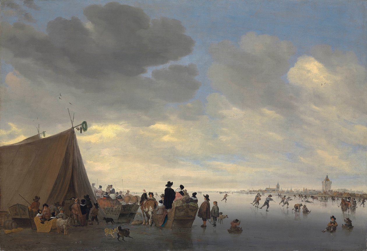 Skaters on the Frozen River Lek, the Town of Vianen Beyond, 1653 by Salomon van Ruisdael or Ruysdael