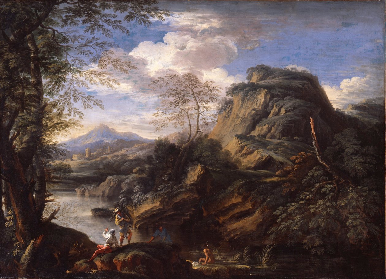 Mountain Landscape with Figures and a Man Bathing by Salvator Rosa