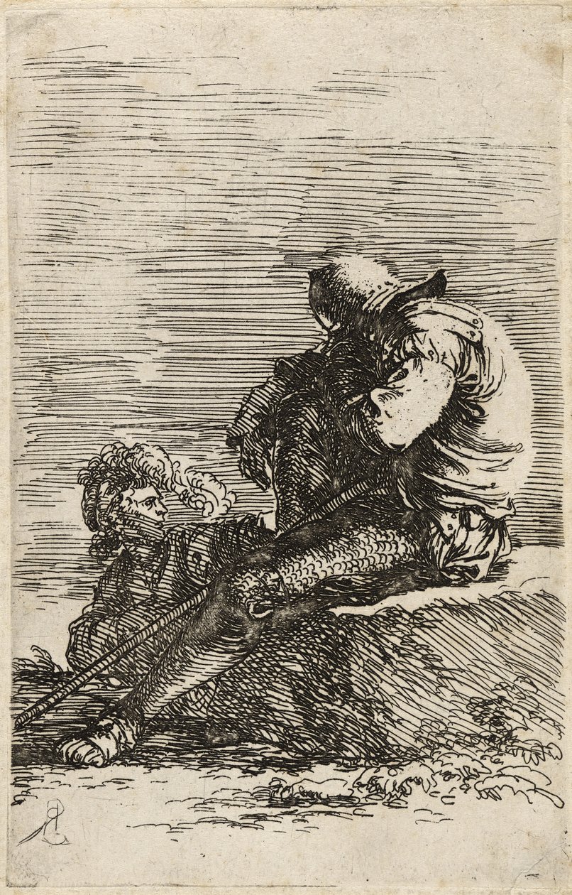 Two Soldiers, One Seated on a Ledge Holding a Cane by Salvator Rosa