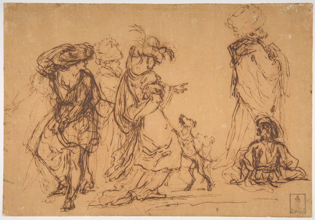Five Figures in Fantastic Costumes with Two Dogs by Salvator Rosa