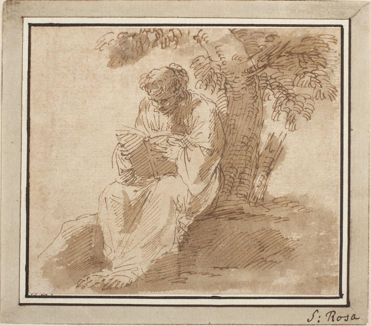 Seated Youthful Figure Reading Under a Tree by Salvator Rosa