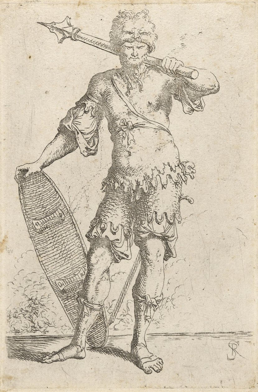 Standing Exotic Warrior Wearing a Lion-head Cap, Holding a Mace and Shield, c.1656-57 by Salvator Rosa
