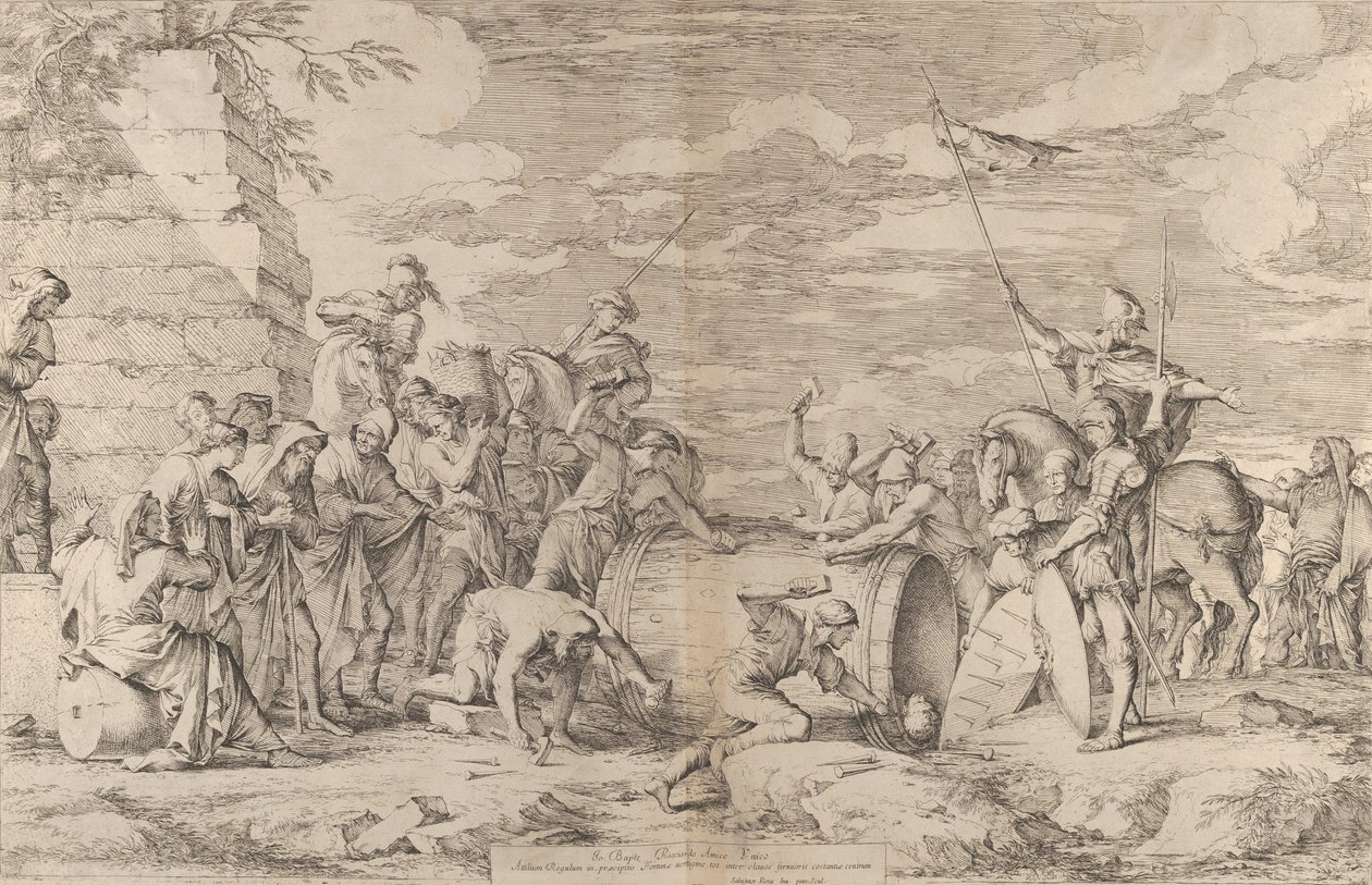 The death of Marcus Atilius Regulus, shown being nailed into a tub by the Carthaginians by Salvator Rosa