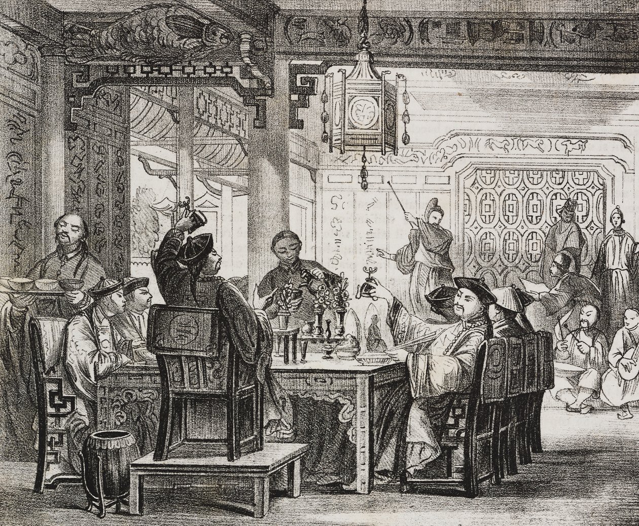 A rich Chinese banquet. Lithograph by Salvatore Puglia from Poliorama Pittoresco by Salvatore Puglia