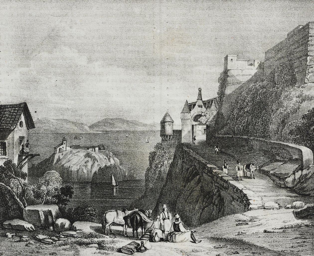 Castle of Parga, Albania, lithograph by Salvatore Puglia from Poliorama Pittoresco by Salvatore Puglia