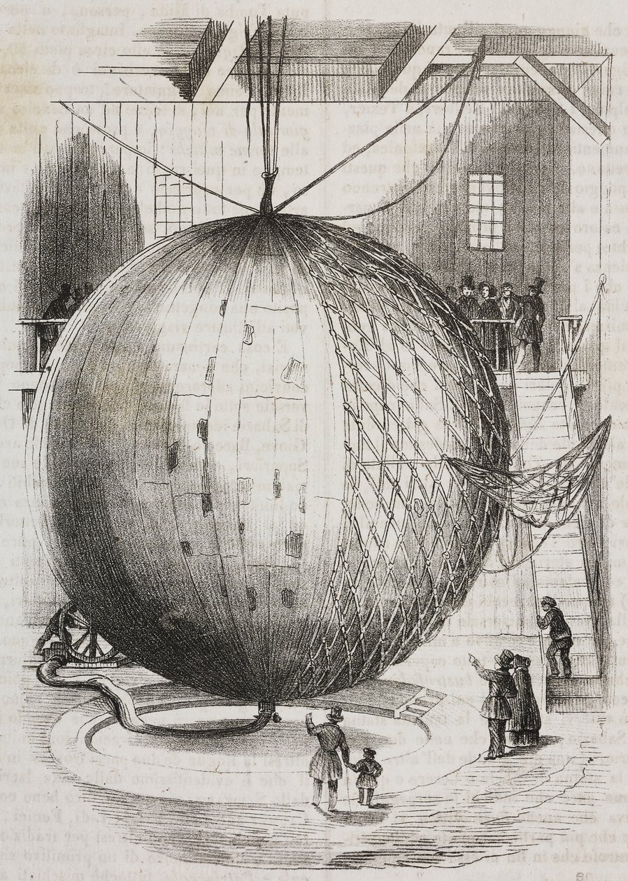 Copper hot-air balloon invented by Edmond Marey-Monge, France, lithograph by Salvatore Puglia from Poliorama Pittoresco by Salvatore Puglia