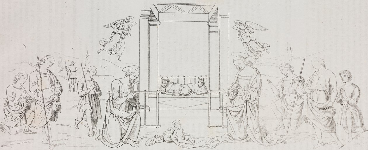 Fontignano Nativity, Adoration of Shepherds (lithograph by Salvatore Puglia after painting by Pietro Perugino from Poliorama Pittoresco, n 42, May 24) by Salvatore Puglia