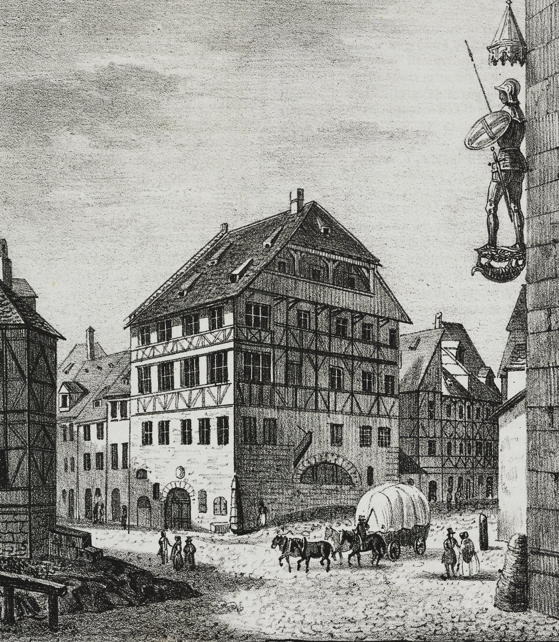 House of Albrecht Durer in Nuremberg, Germany, lithograph by Salvatore Puglia from Poliorama Pittoresco, n 31, March 12 by Salvatore Puglia