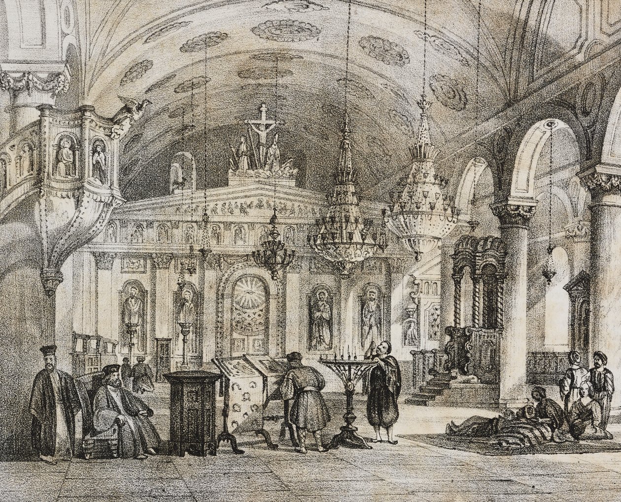 Interior of Greek church of Baloukli, near Constantinople, Turkey, lithograph by Salvatore Puglia from Poliorama Pittoresco, n 28, February 15 by Salvatore Puglia