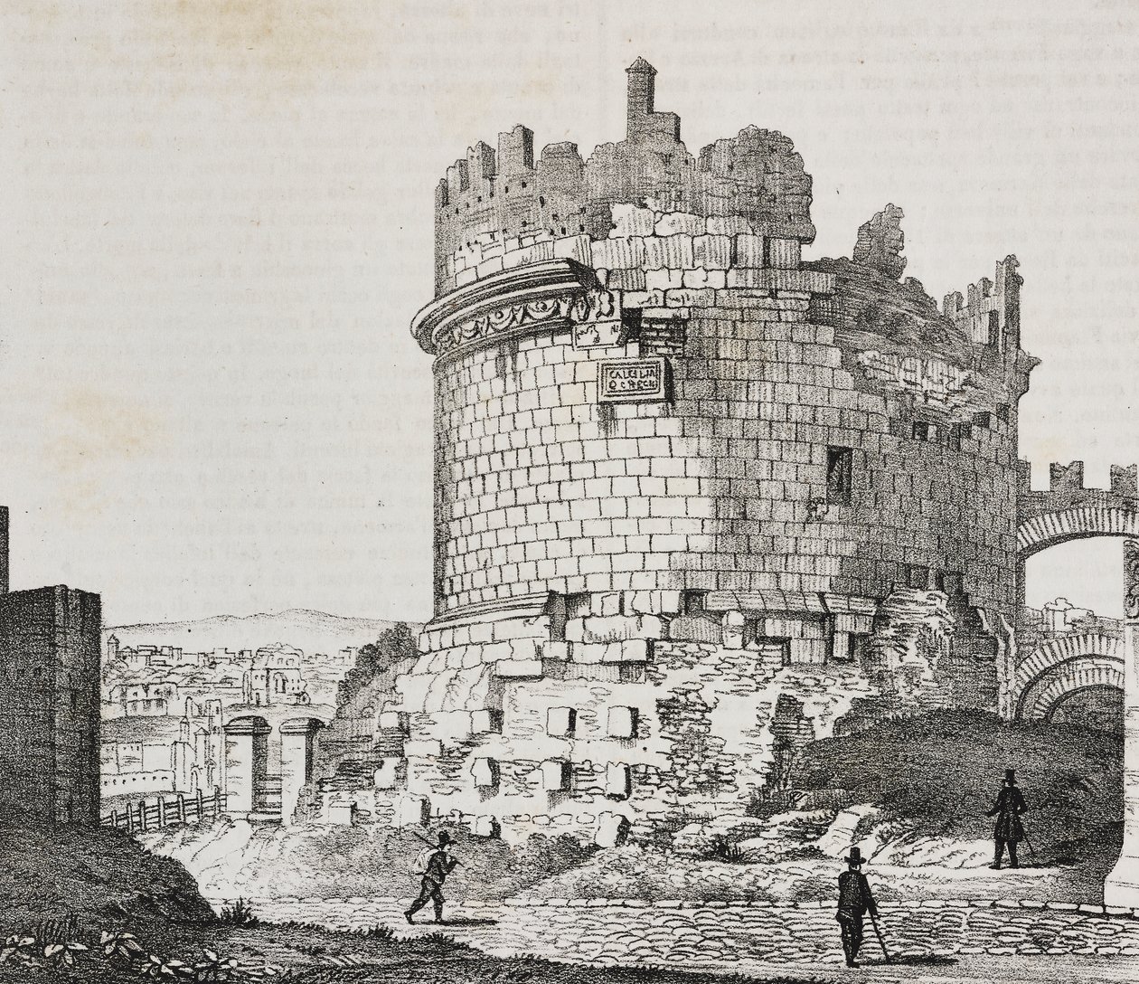 Mausoleum of Cecilia Metella on Via Appia, Rome, Lazio, Italy, lithograph by Salvatore Puglia from Poliorama Pittoresco, n 20, December 21 by Salvatore Puglia
