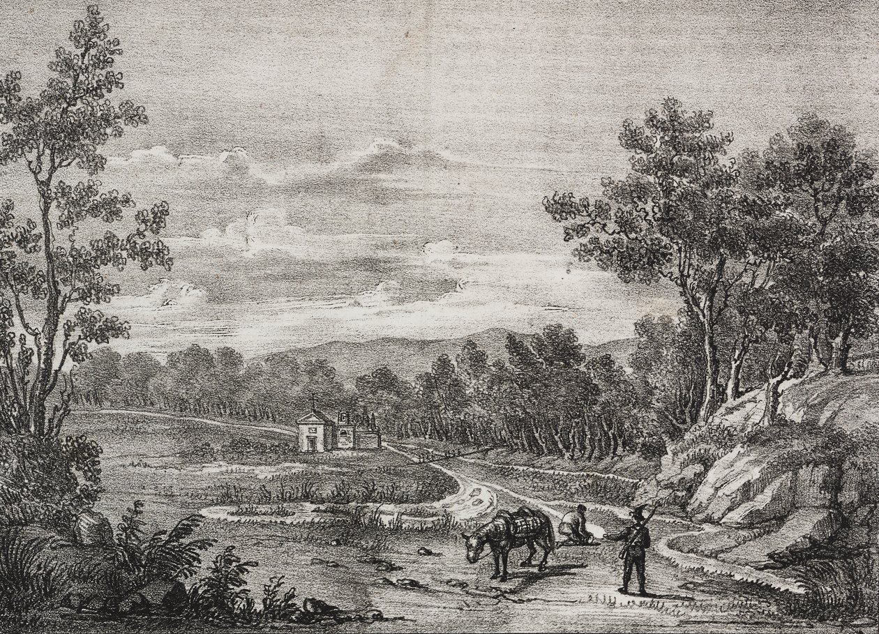 Mineral water springs in the forest of Acerra, Campania, Italy, lithograph by Salvatore Puglia from Poliorama Pittoresco by Salvatore Puglia