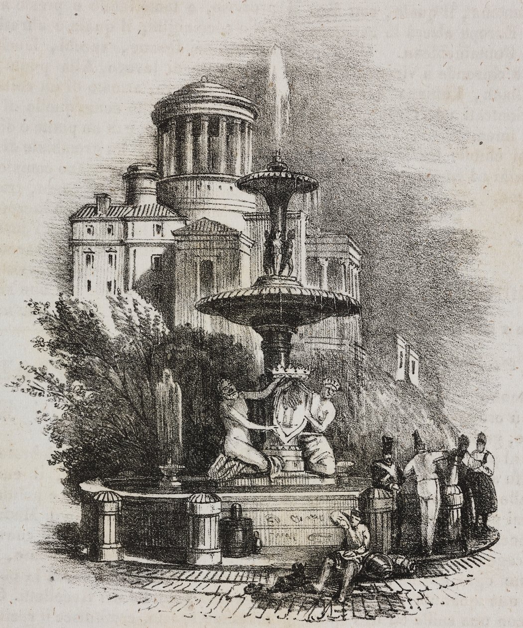 Prado fountain, Madrid, Spain. Lithograph by Salvatore Puglia from Poliorama Pittoresco by Salvatore Puglia