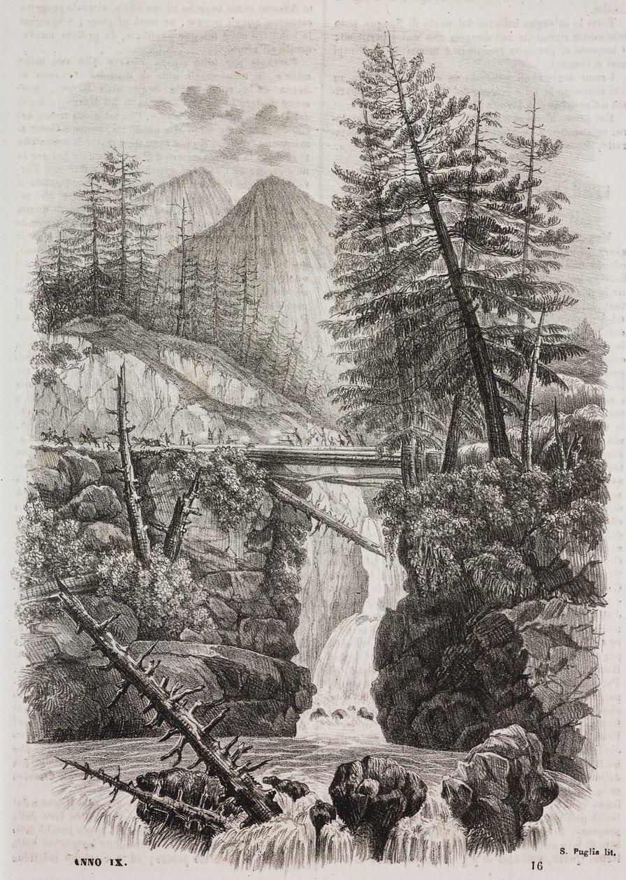 Suspension bridge over the Pyrenees mountains, Spain. Lithograph by Salvatore Puglia from Poliorama Pittoresco by Salvatore Puglia