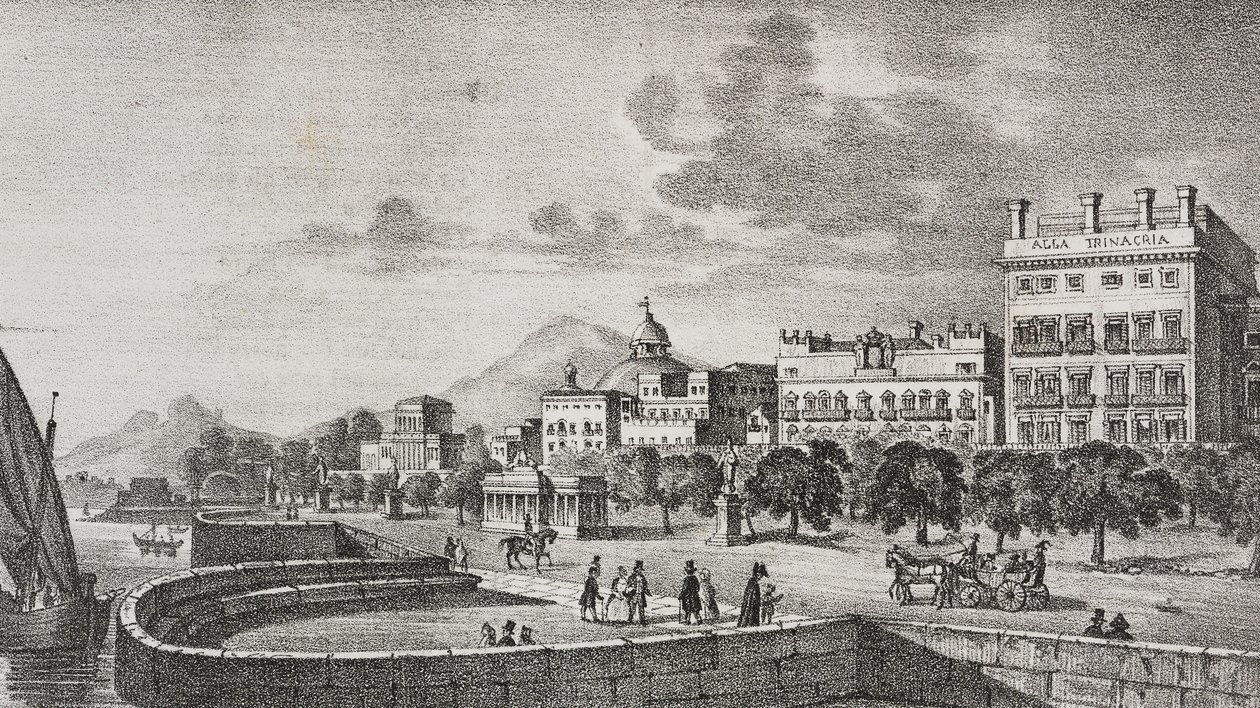 View of Bourbon Forum and Trinacria Hotel, Palermo, Sicily, Italy (lithograph) by Salvatore Puglia