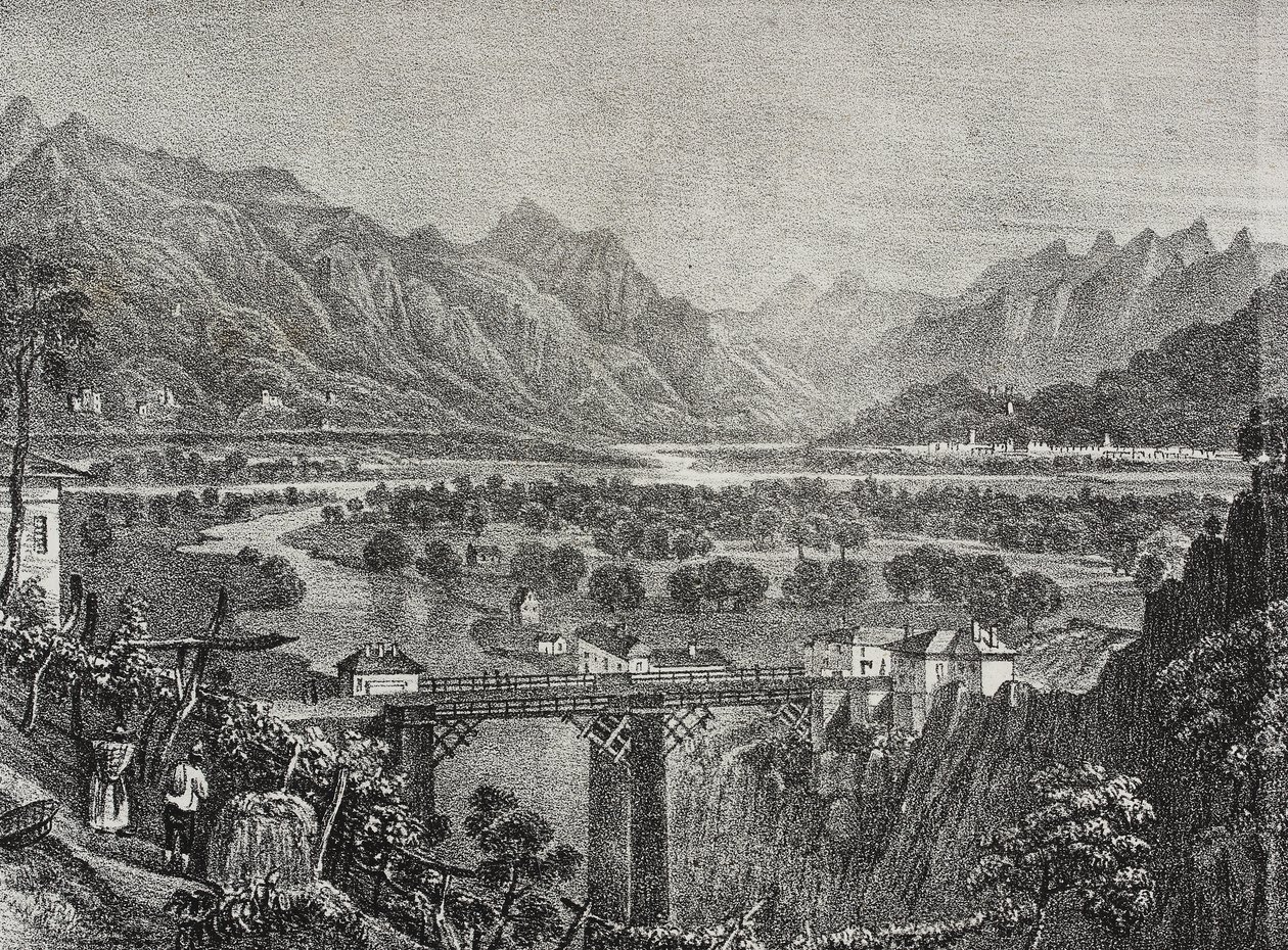 View of Ossola Valley from Sempione, Piedmont, Italy, lithograph by Salvatore Puglia from Poliorama Pittoresco, n 28, February 18 by Salvatore Puglia