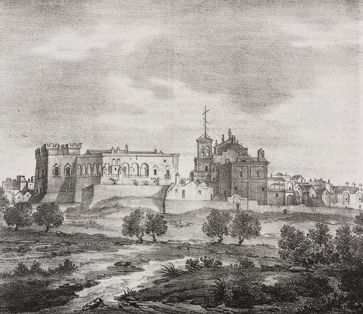 West view of Mesagne, Apulia, Italy. Lithograph by Salvatore Puglia from Poliorama Pittoresco by Salvatore Puglia