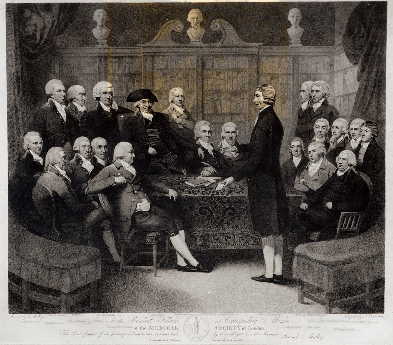 Group Portrait of the President, Fellows, and Corresponding Members of the Medical Society of London, engraved by Nathan Cooper Branwhite (1775-1857), published by R. Wilkinson, 1801 by Samuel Medley