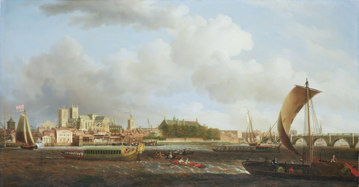 Westminster from Lambeth, with the ceremonial barge of the Ironmongers