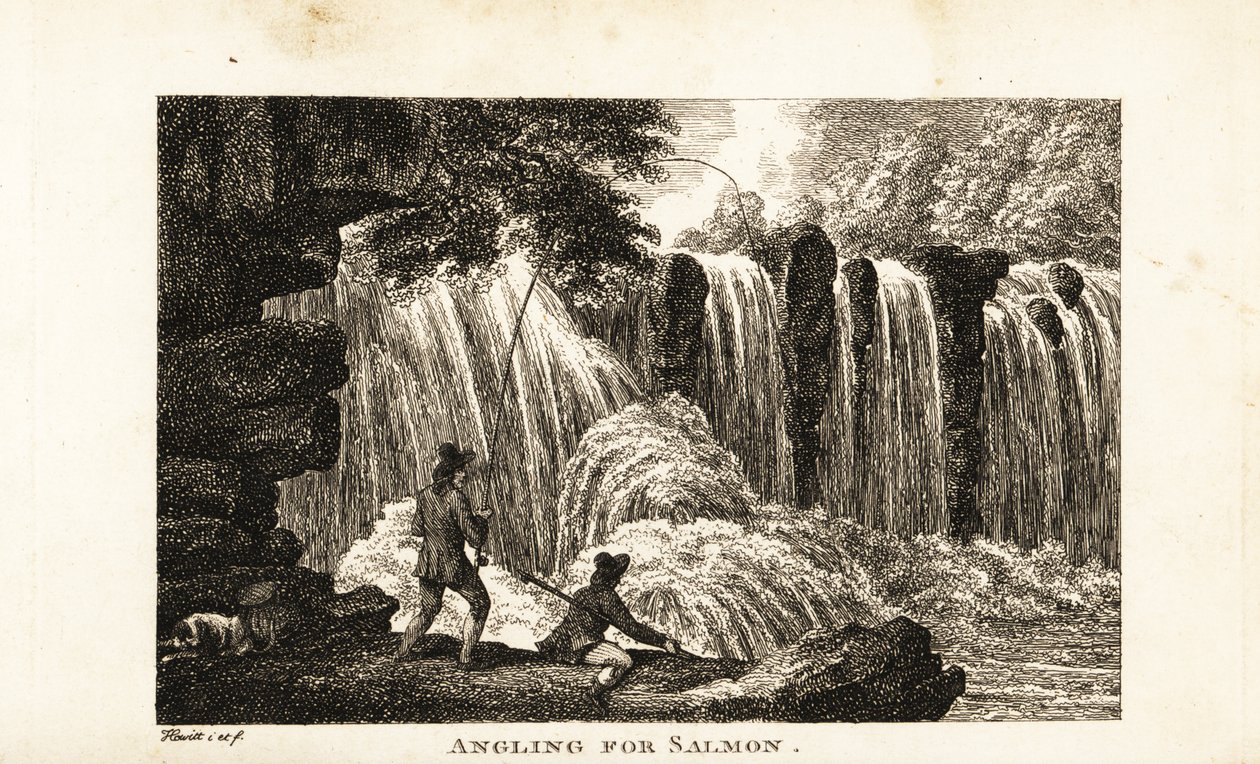 Fisherman fishing for salmon on the banks of a river near a waterfall by Samuel (after) Howitt