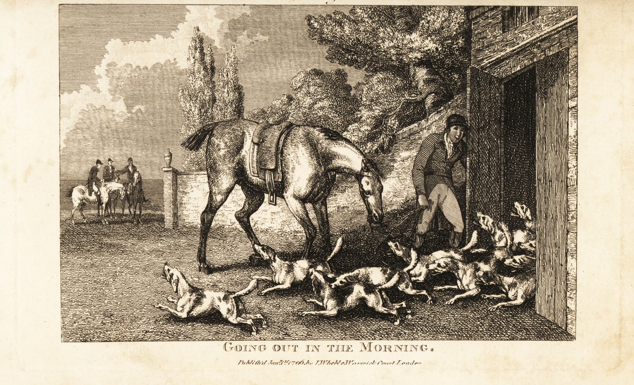 Huntsman opening the kennel door to let out the hounds before going hare hunting by Samuel (after) Howitt