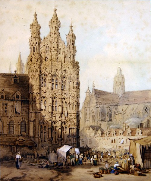 The City Hall and Cathedral at Leuven in Belgium, c.1840 by Samuel (circle of) Prout