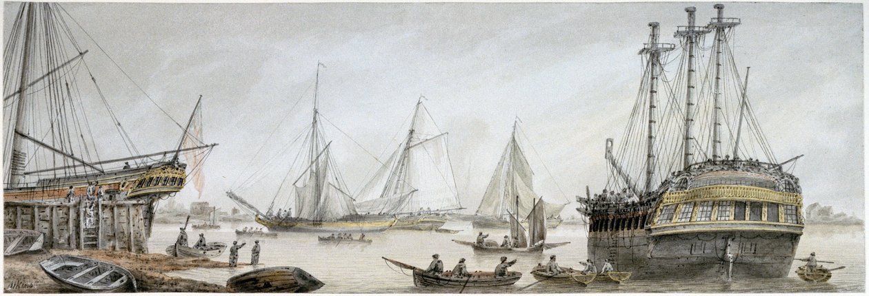 An Indiaman ship set up for repairs on the Thames, with a description ...