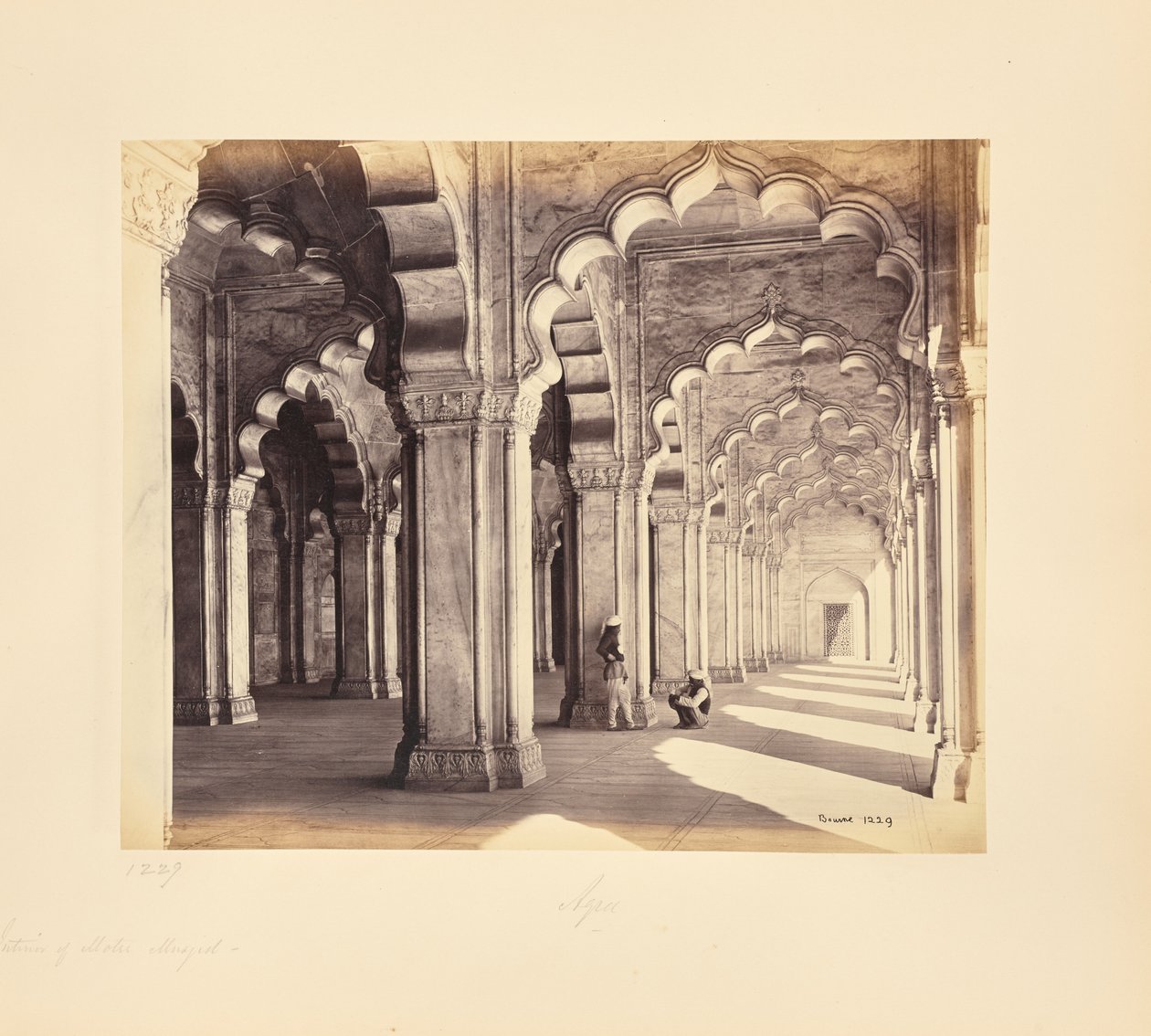 Agra; Interior of the Motee Musjid, Showing the Marble Saracenic Arches and Pillars by Samuel Bourne
