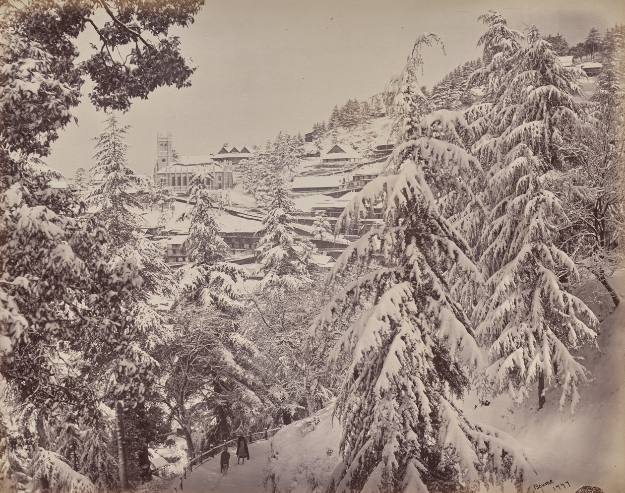 Shimla. View of the Church from Mount Jakko Looking West with Part of the Mall in Winter by Samuel Bourne