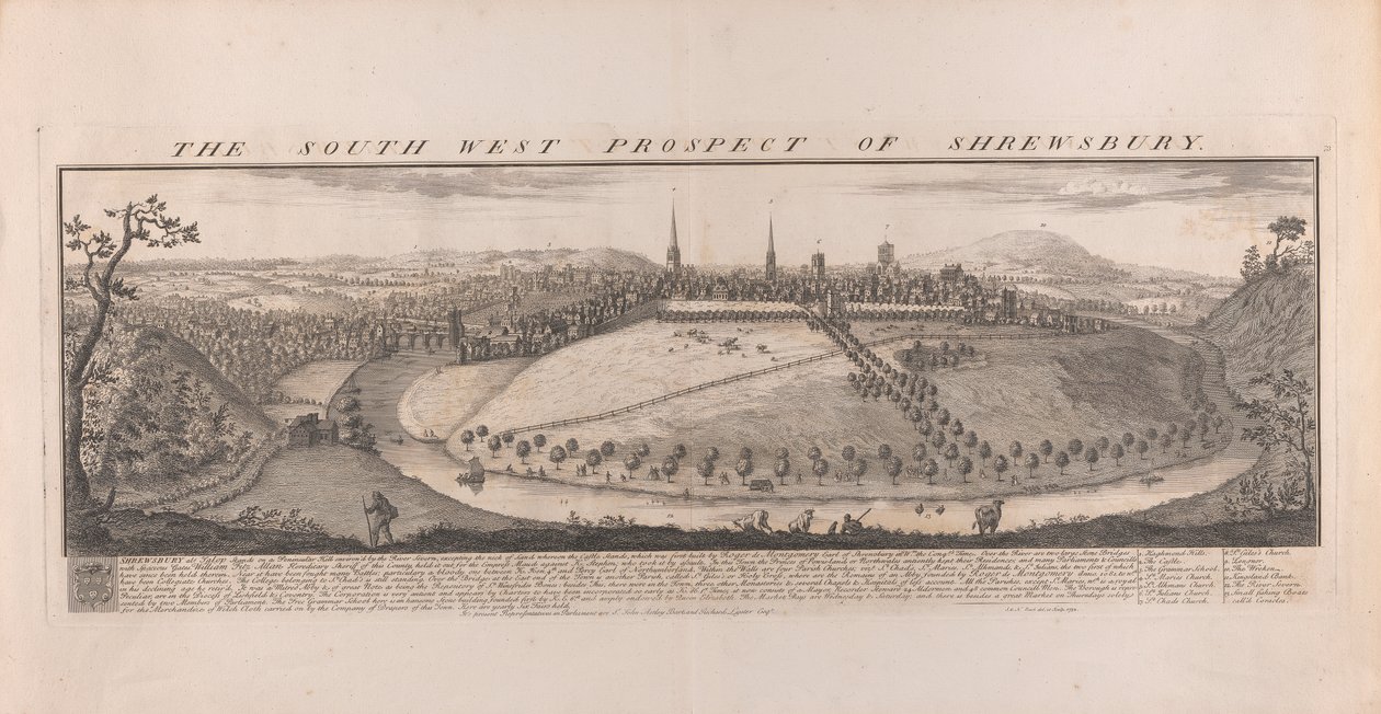 South West Prospect of Shrewsbury, Shropshire by Samuel Buck