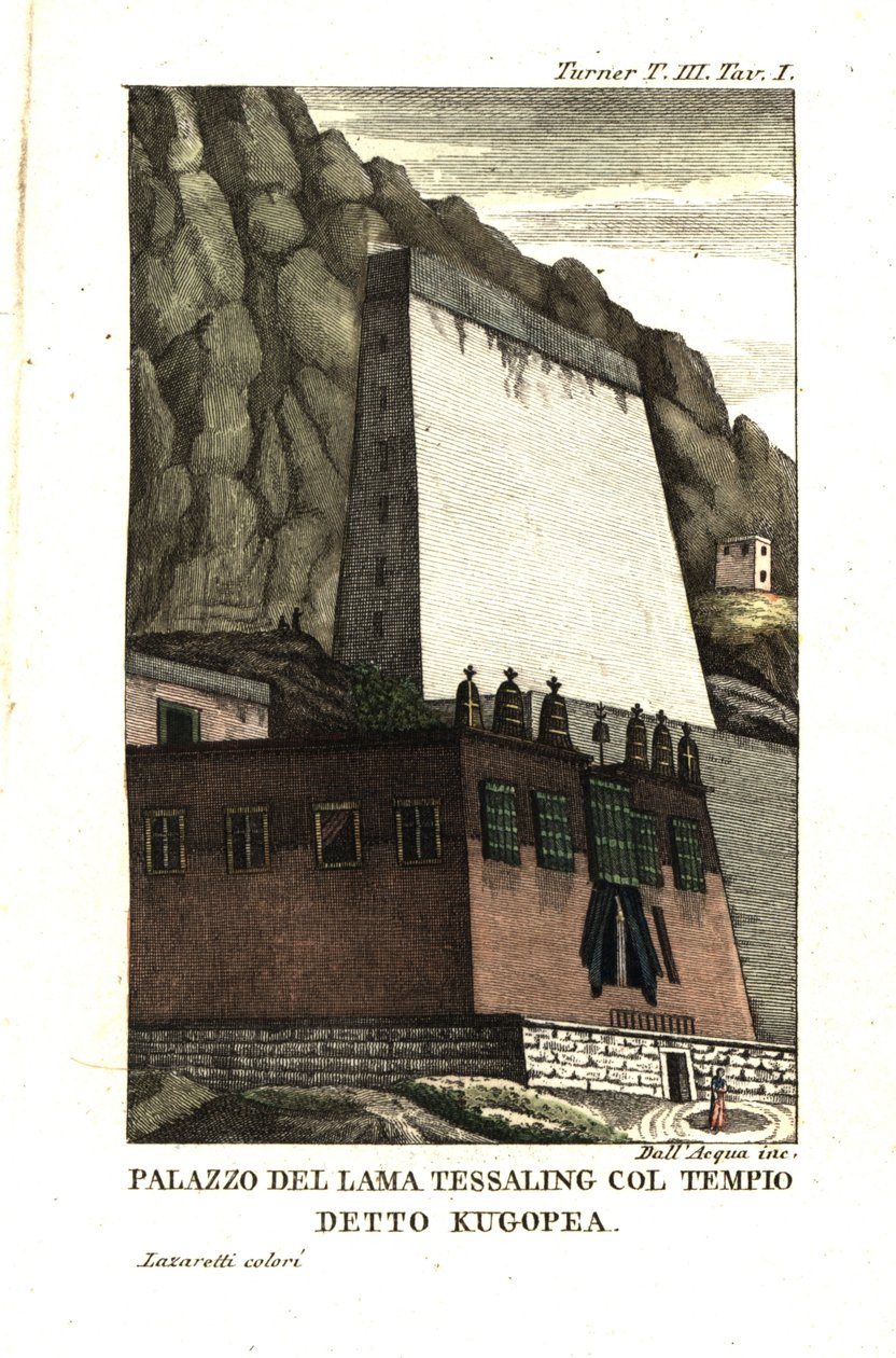 Dwelling of Tessaling Lama with the Religious Edifice Called Kugopea. Illustration by Lieutenant Samuel Davis from Captain Samuel Turner (1759-1802) Account of an Embassy to the Court of the Teshoo Lama in Tibet 1800. Copperplate Engraving by Dell
