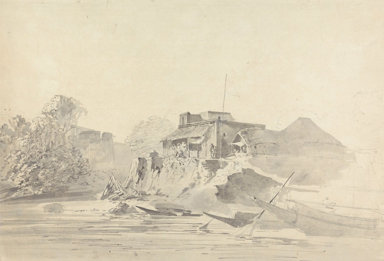 River Scene with Native Buildings by Samuel Davis