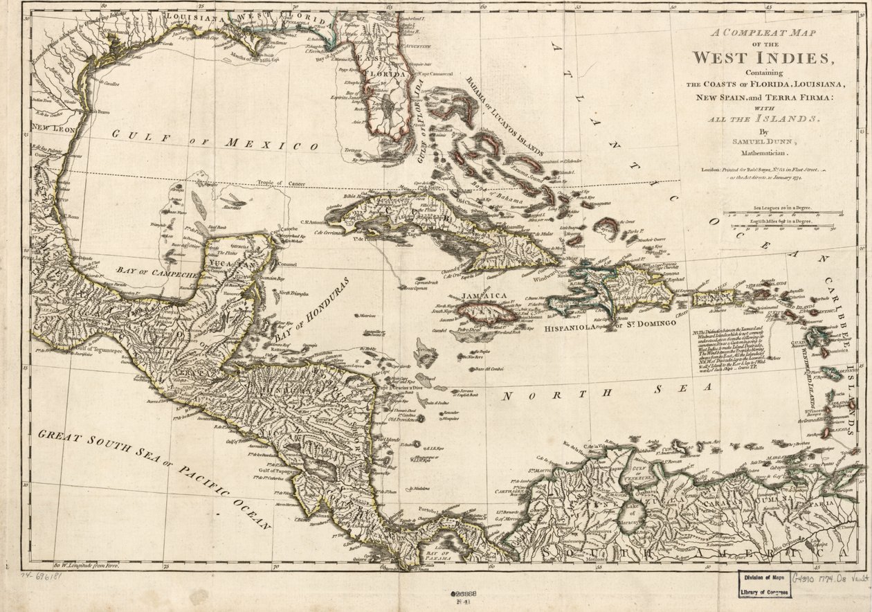 A Complete Map of the West Indies Containing the Coasts of Florida, Louisiana, New Spain, and Terra Firma with All the Islands by Samuel Dunn
